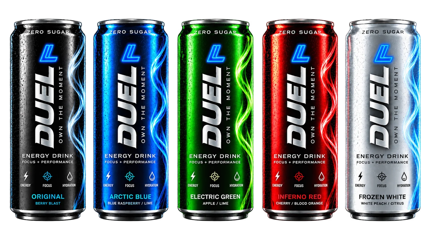 DUEL Energy Drink -tölkit: Original, Arctic Blue, Electric Green, Inferno Red ja Frozen White
